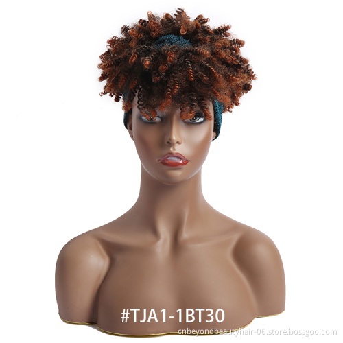 Wrap-wig 2 in 1 Short Kinky Curly Headband Updo Wig Turban Afro Puff Hairband Bun Drawstring Headwrap wig